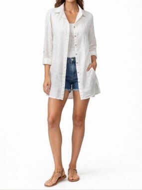 TAHARI Essentials White 100% Linen Long Sleeve Women's Tunic Shirt - Size 1X